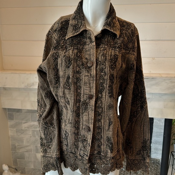 Urban Tribe Brown Cotton Enbroidered & Beadrd Jacket with Crochet Trim Size M - Picture 11 of 12